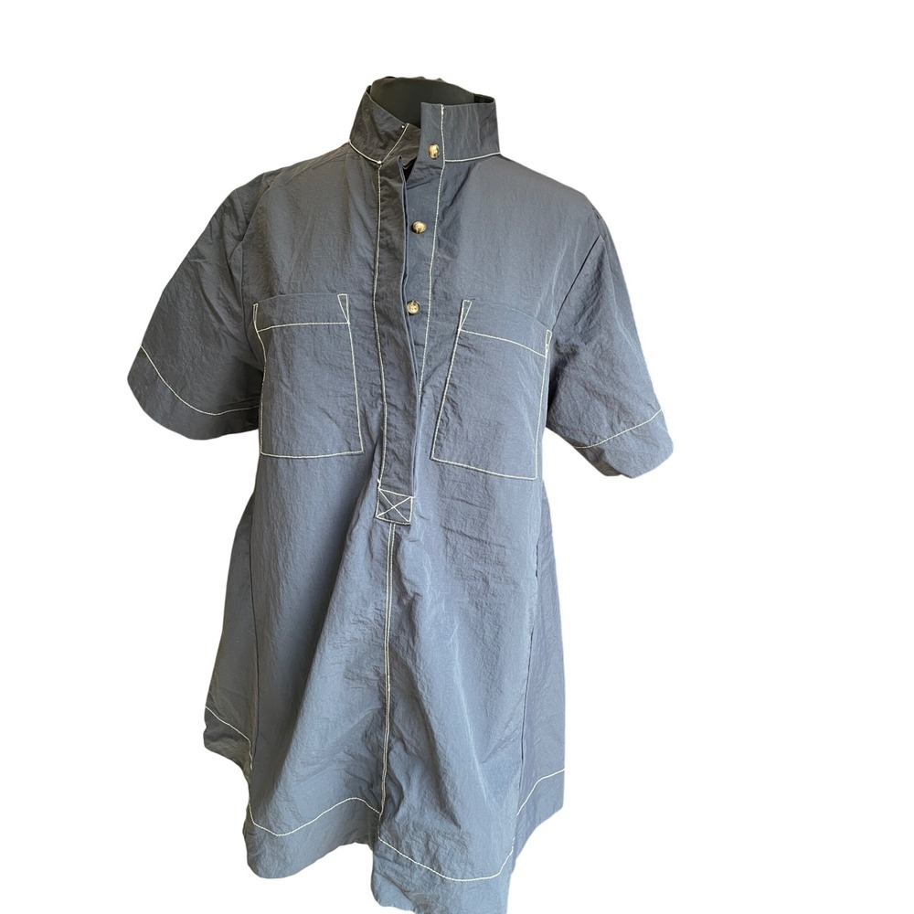 Womens Navy Blue Contrast Stitch Tech Fabric Utility Tunic Top Short Sleeve L